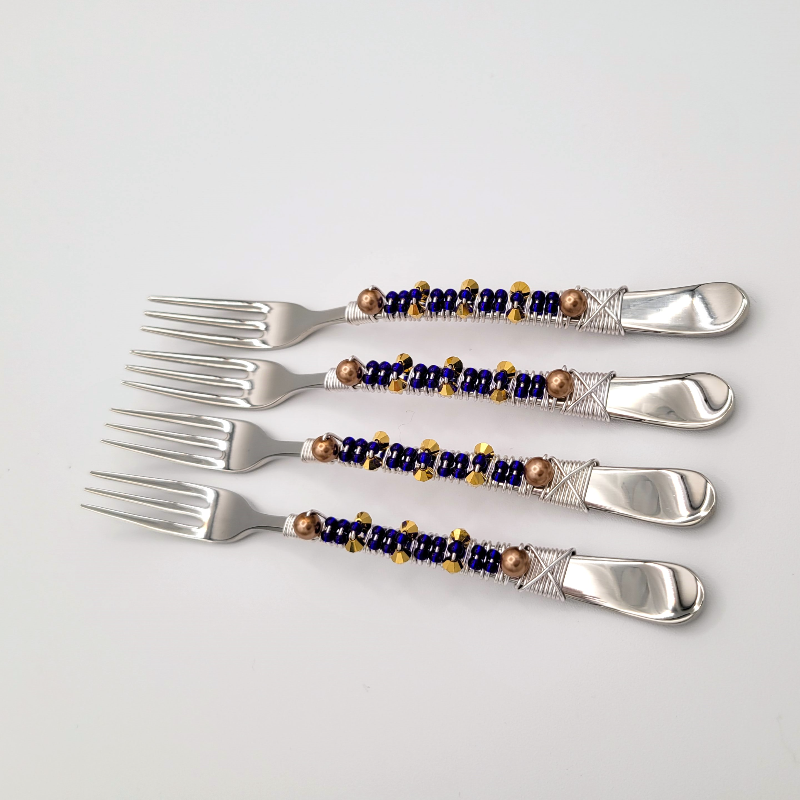 Blue Cobalt Bead Cocktail Forks w/ Gold Crystals Main Image